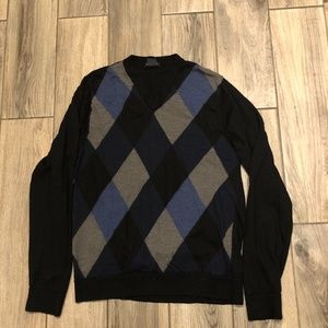 GAP Mens Black Sweater Academia Argyle Merino Wool V-neck Pullover SZ M Y2K